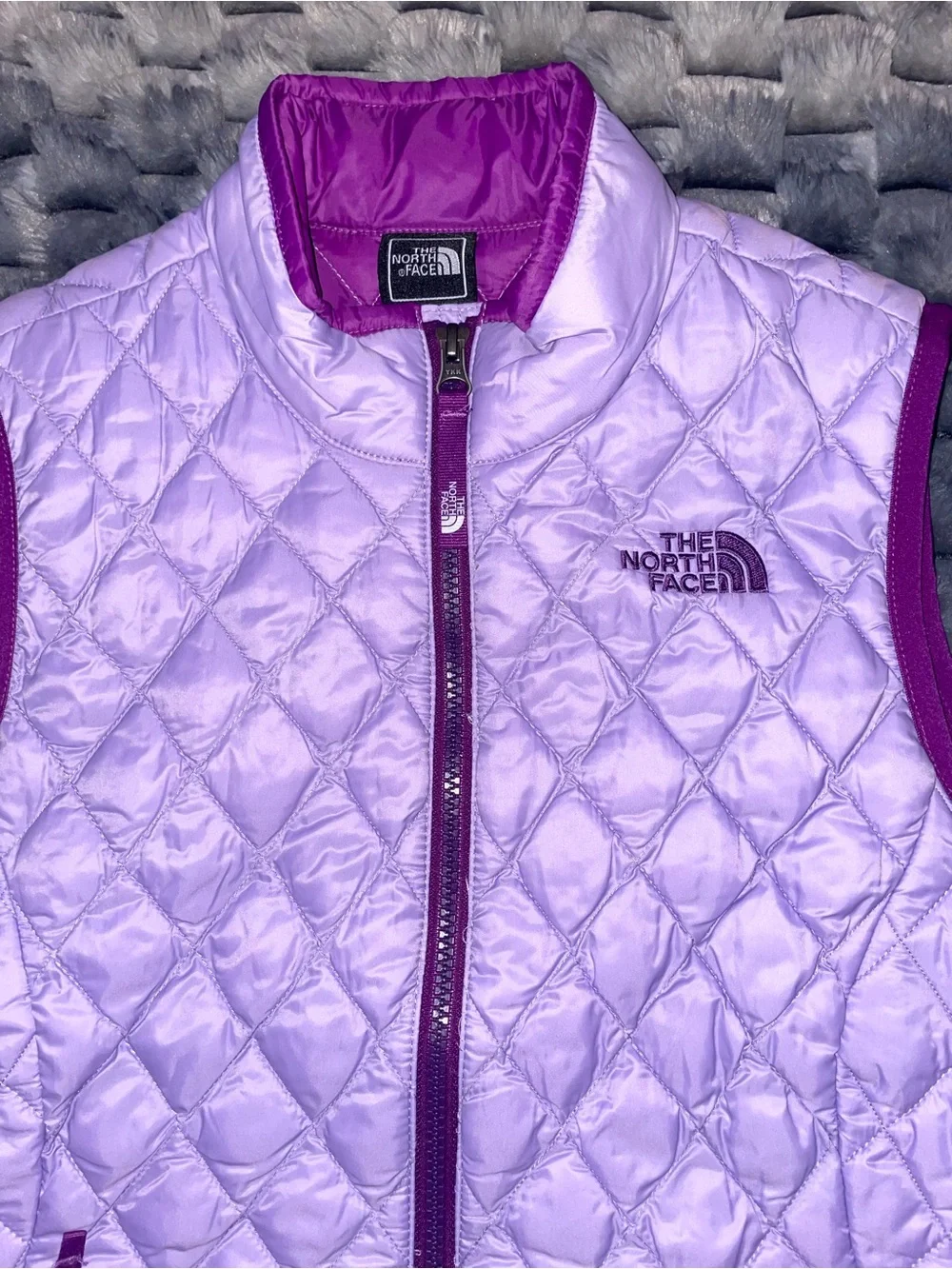 Kids The North Face Thermoball Lavender Quilted Vest with Plum Trim Sz 14/16